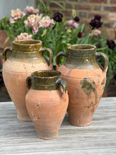 Load image into Gallery viewer, Vintage Terracotta Urn With Handles | Antique Turkish Olive Jar | Unique Rustic Pots | Green Glazed Rim | 3 Sizes Available | Unique Vessel