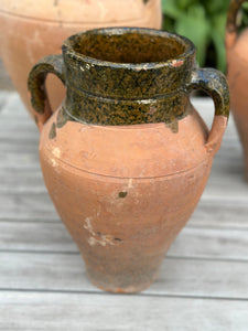 Vintage Terracotta Urn With Handles | Antique Turkish Olive Jar | Unique Rustic Pots | Green Glazed Rim | 3 Sizes Available | Unique Vessel