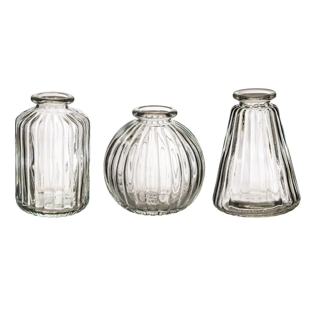 Set Of 3 Mini Glass Bud Vases | Various Ribbed Designs | Dried Flower Vase | Height 6cm
