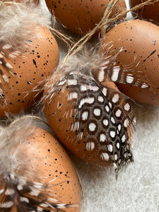 Hanging Easter Decorative Eggs | Easter Tree Decor | Faux Brown & Black Speckled Effect With Real Guinea Fowl Feather | Set Of 9