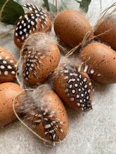 Load image into Gallery viewer, Hanging Easter Decorative Eggs | Easter Tree Decor | Faux Brown &amp; Black Speckled Effect With Real Guinea Fowl Feather | Set Of 9