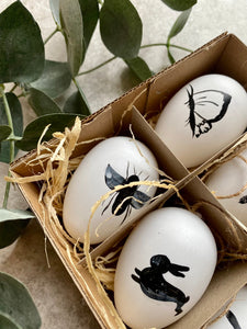 Hanging Easter Decorative Eggs | Easter Tree Decor | Faux White Illustrated Eggs | Birds Butterflies & Bunny | Set Of 6 In Gift Box