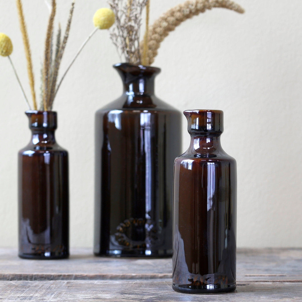 Vintage French Style Apothecary Bottle Brown Glazed Clay Bottle Vase Available In Two Sizes