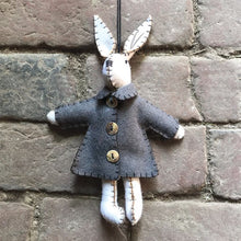 Load image into Gallery viewer, Hanging Felt Bunny | Handmade Felt Rabbit Decoration | Tree Decor | Bunny Theme Nursery Decor | White &amp; Grey Fabric | Baby Shower Gift