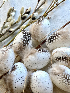 Hanging Easter Eggs | Faux White Speckled Effect With Real Guinea Fowl Feather | Set Of 9