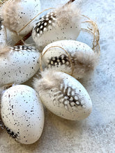 Load image into Gallery viewer, Hanging Easter Eggs | Faux White Speckled Effect With Real Guinea Fowl Feather | Set Of 9