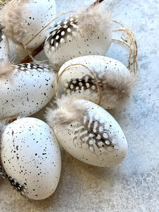 Hanging Easter Eggs | Faux White Speckled Effect With Real Guinea Fowl Feather | Set Of 9