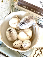 Load image into Gallery viewer, Hanging Easter Eggs | Faux White Speckled Effect With Real Guinea Fowl Feather | Set Of 9