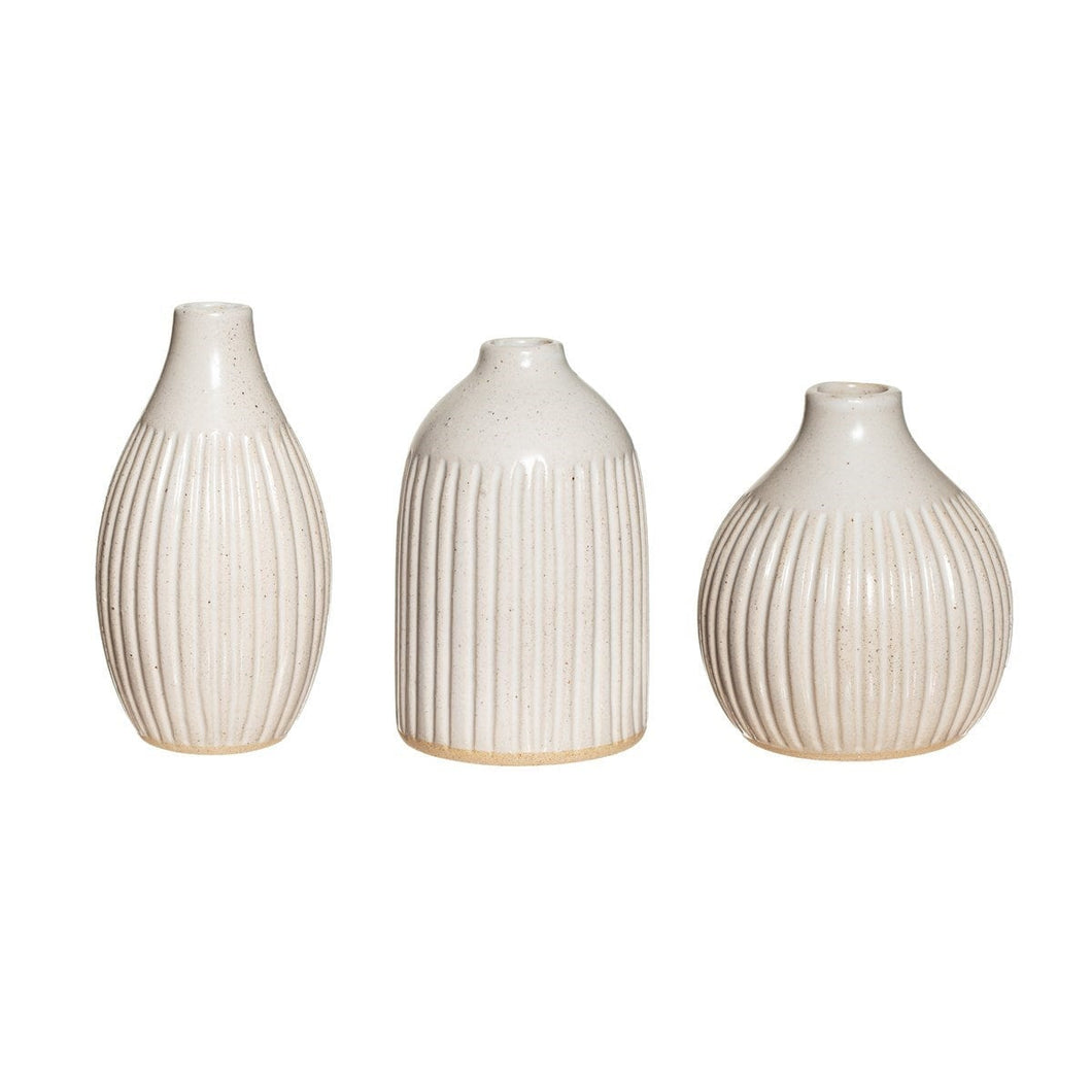 Set Of 3 Small Ceramic Bud Vases | Various Ribbed Designs | Dried Flower Vase | Height 9cm