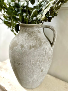 Terracotta Rustic Pot With Handle Grey Distressed Uneven Finish Large Stoneware Pot Wabi Sabi Decor 29x40cm